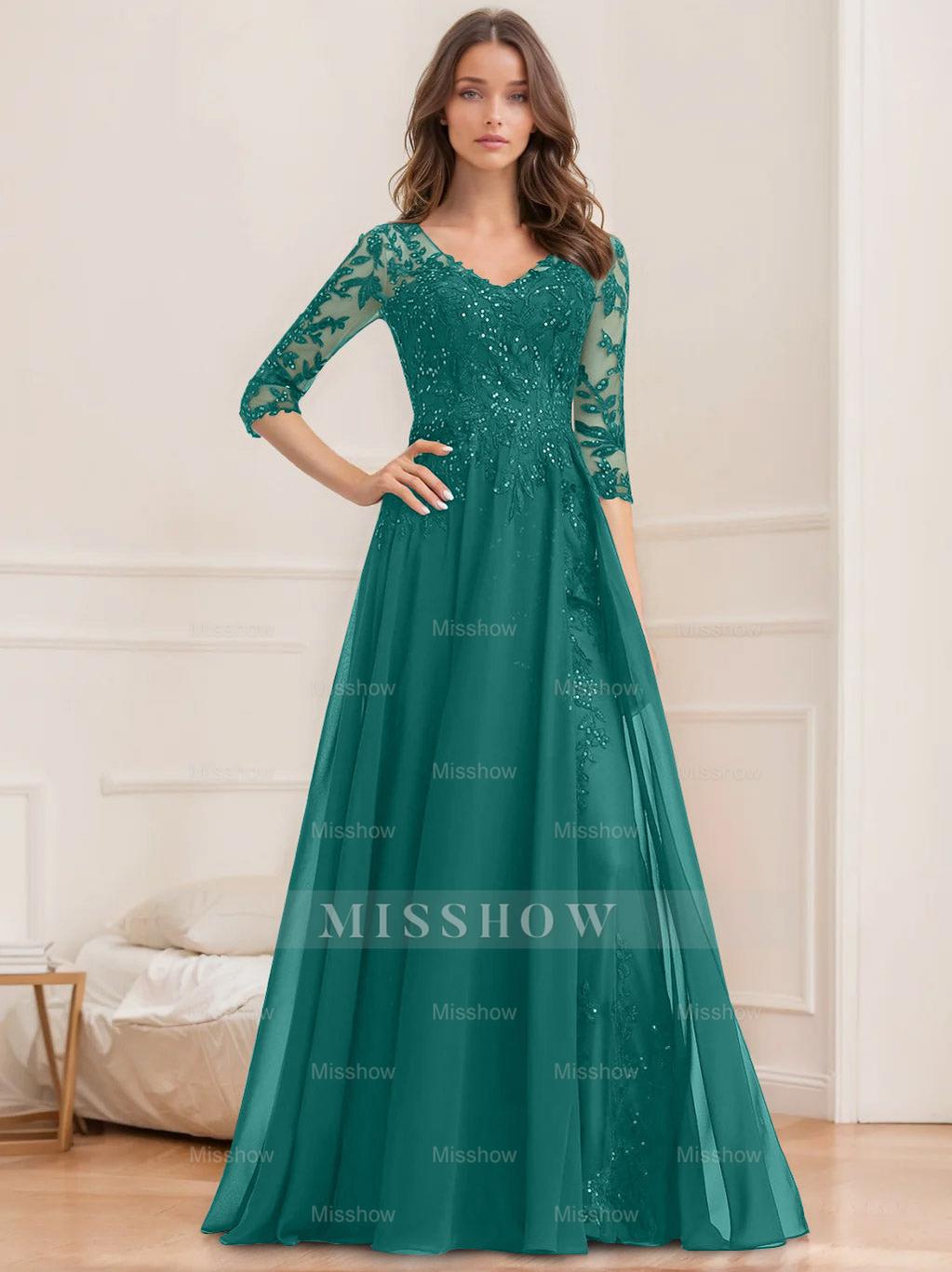 Floor-Length V-Neck A-Line Princess Mother of the Bride Dresses with Half Sleeves and Sequins