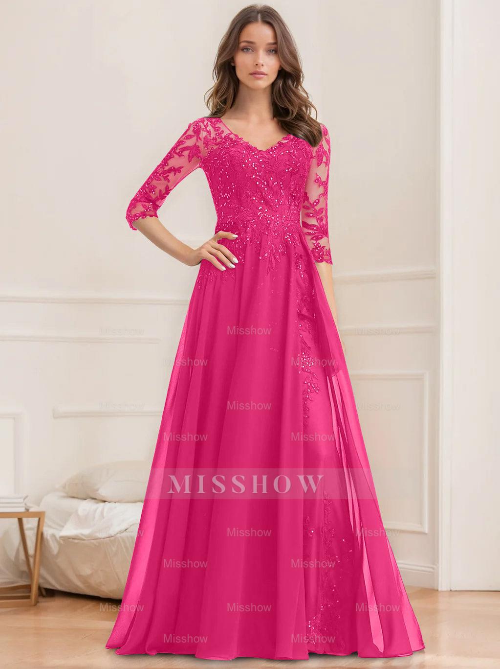 Floor-Length V-Neck A-Line Princess Mother of the Bride Dresses with Half Sleeves and Sequins