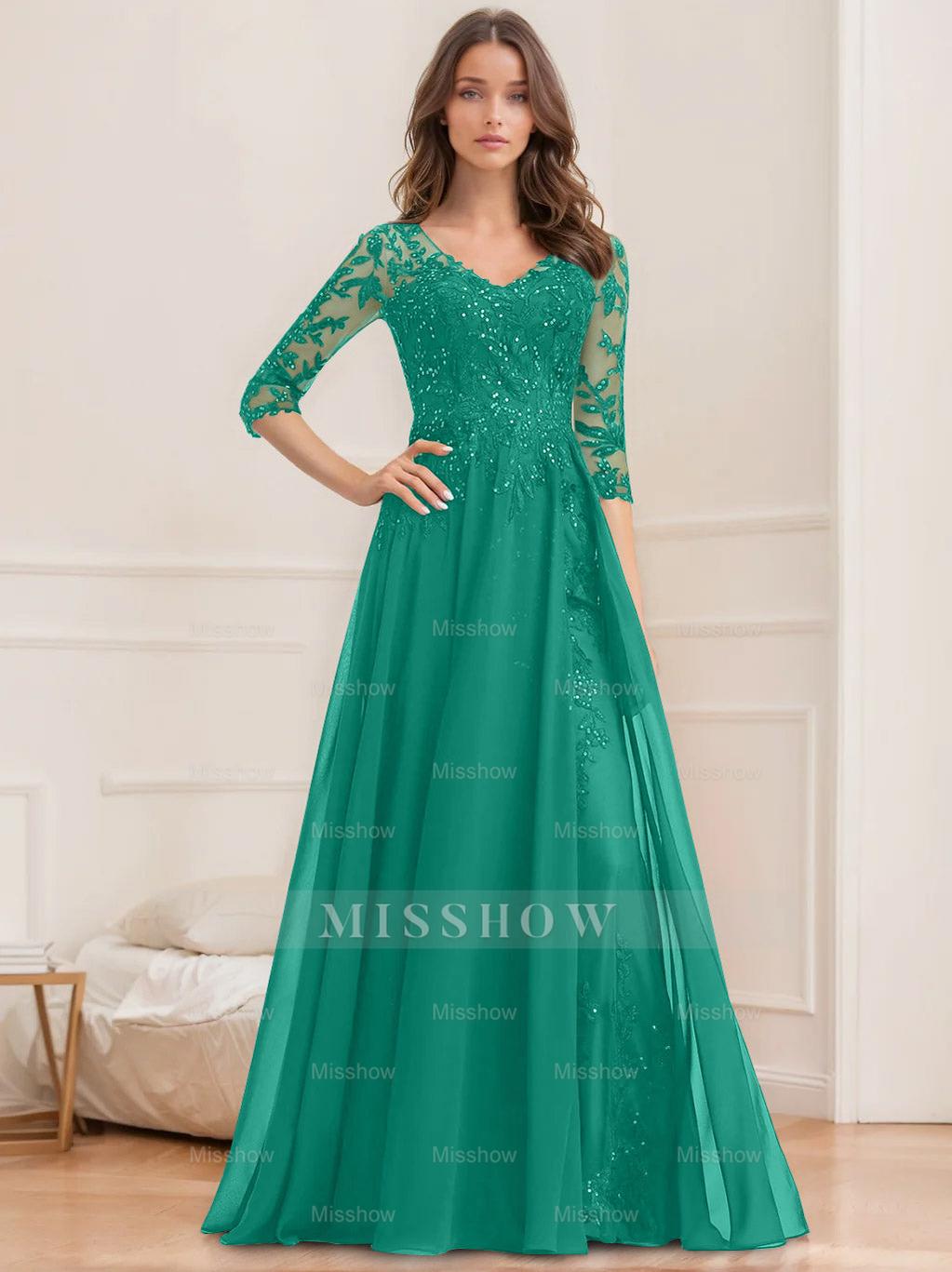 Floor-Length V-Neck A-Line Princess Mother of the Bride Dresses with Half Sleeves and Sequins