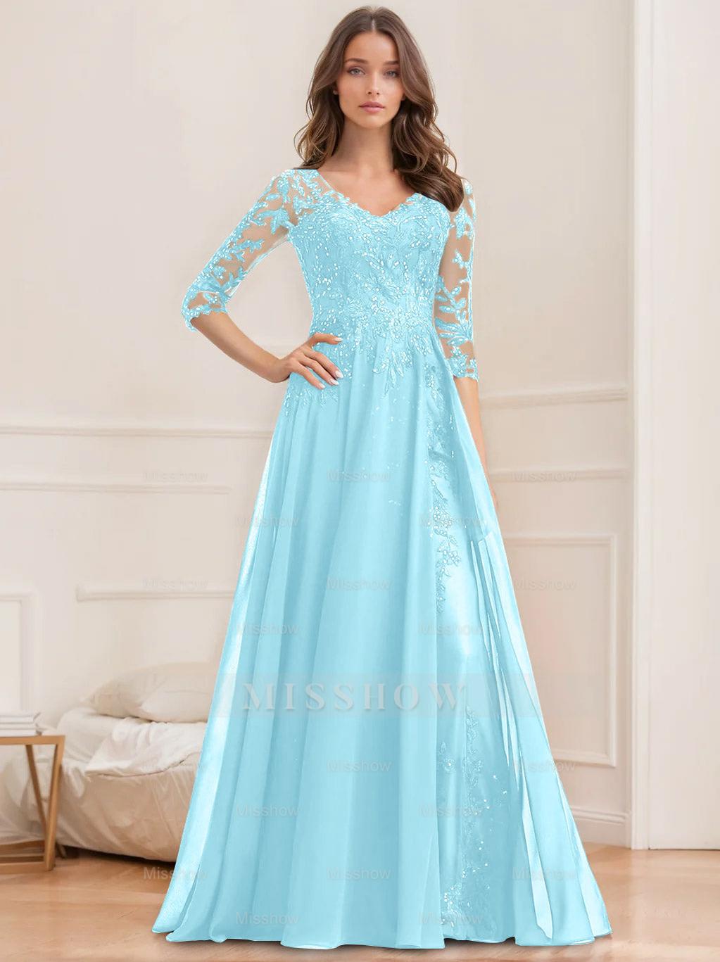 Floor-Length V-Neck A-Line Princess Mother of the Bride Dresses with Half Sleeves and Sequins