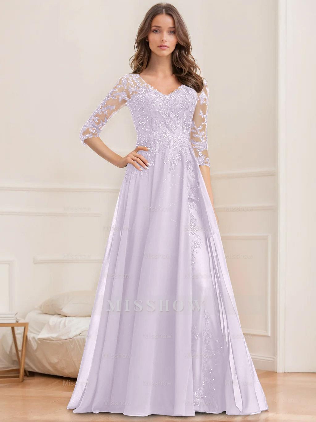 Floor-Length V-Neck A-Line Princess Mother of the Bride Dresses with Half Sleeves and Sequins