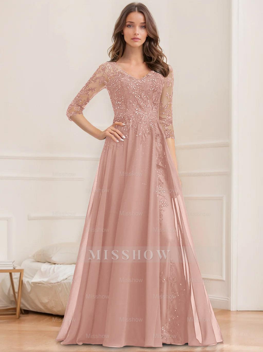 Floor-Length V-Neck A-Line Princess Mother of the Bride Dresses with Half Sleeves and Sequins
