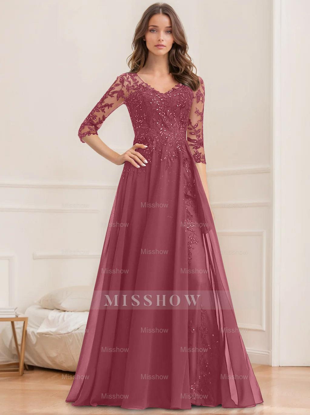 Floor-Length V-Neck A-Line Princess Mother of the Bride Dresses with Half Sleeves and Sequins