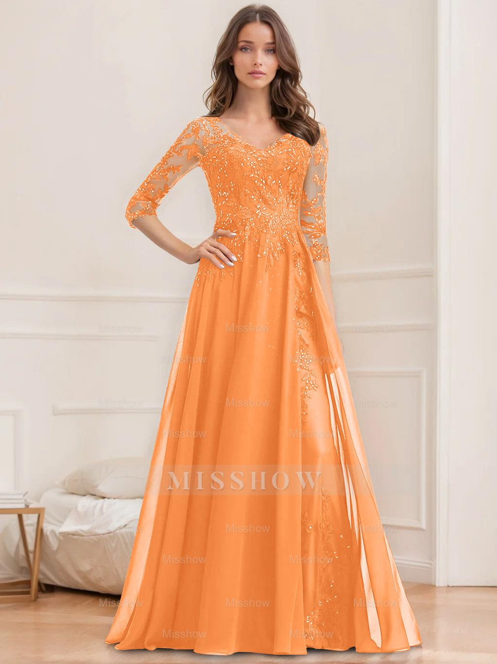 Floor-Length V-Neck A-Line Princess Mother of the Bride Dresses with Half Sleeves and Sequins