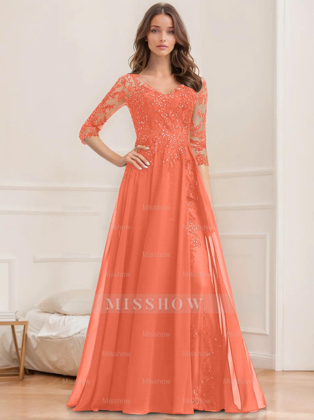Floor-Length V-Neck A-Line Princess Mother of the Bride Dresses with Half Sleeves and Sequins