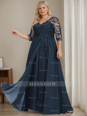 Floor-Length V-Neck A-Line Princess Mother of the Bride Dresses with Half Sleeves and Sequins