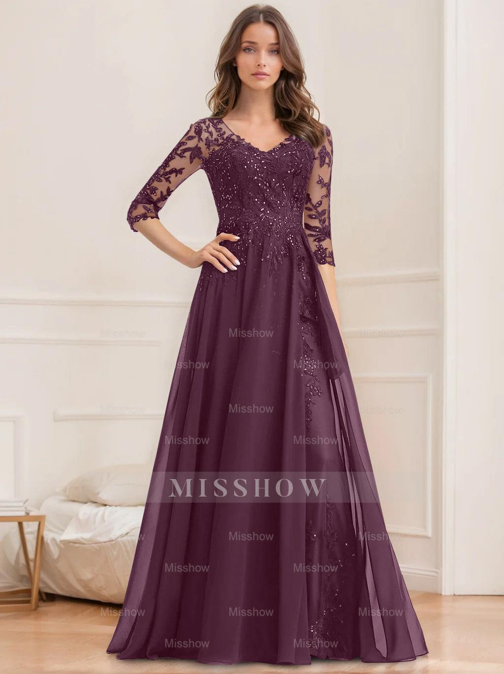 Floor-Length V-Neck A-Line Princess Mother of the Bride Dresses with Half Sleeves and Sequins