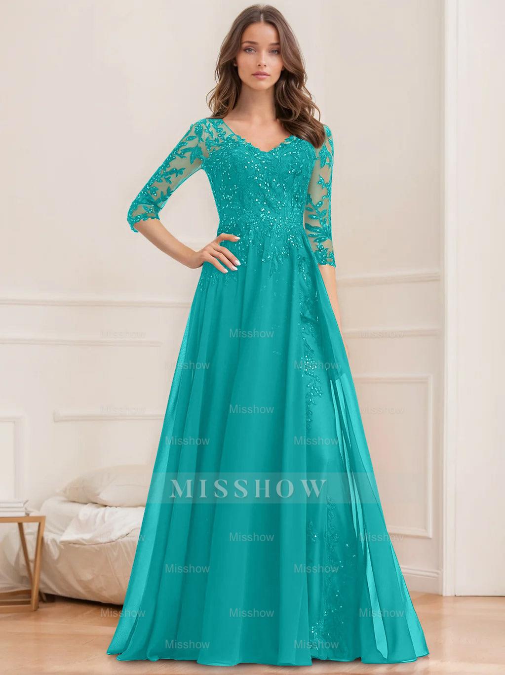 Floor-Length V-Neck A-Line Princess Mother of the Bride Dresses with Half Sleeves and Sequins