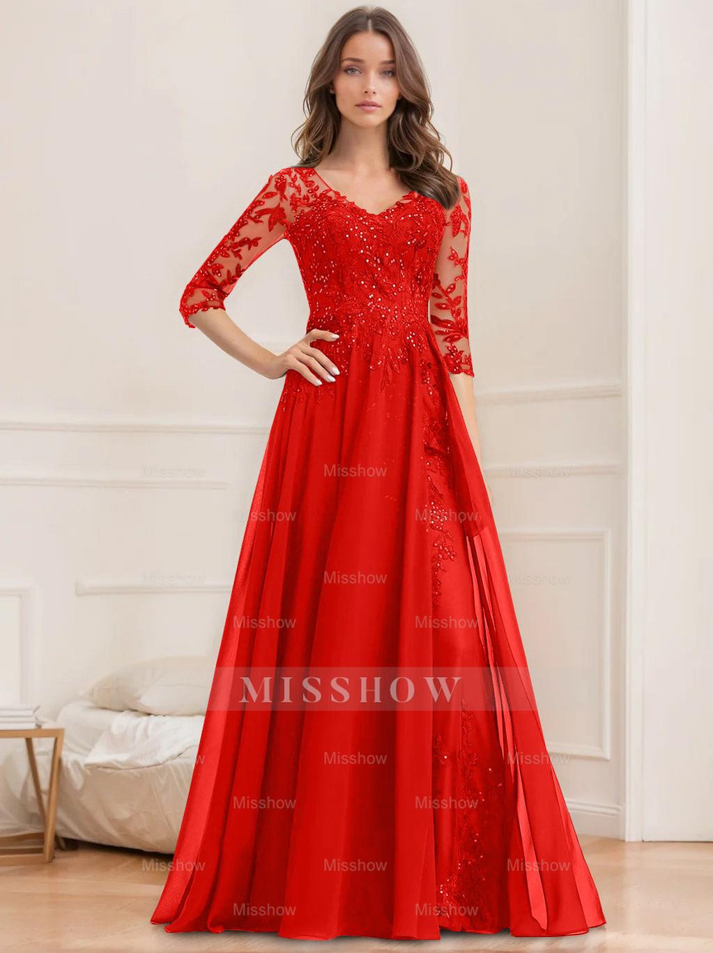 Floor-Length V-Neck A-Line Princess Mother of the Bride Dresses with Half Sleeves and Sequins