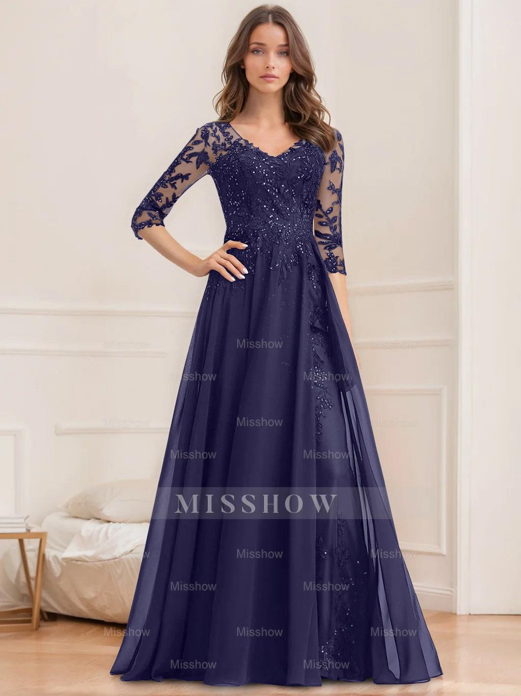 Floor-Length V-Neck A-Line Princess Mother of the Bride Dresses with Half Sleeves and Sequins