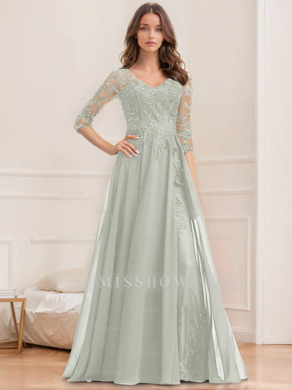Floor-Length V-Neck A-Line Princess Mother of the Bride Dresses with Half Sleeves and Sequins