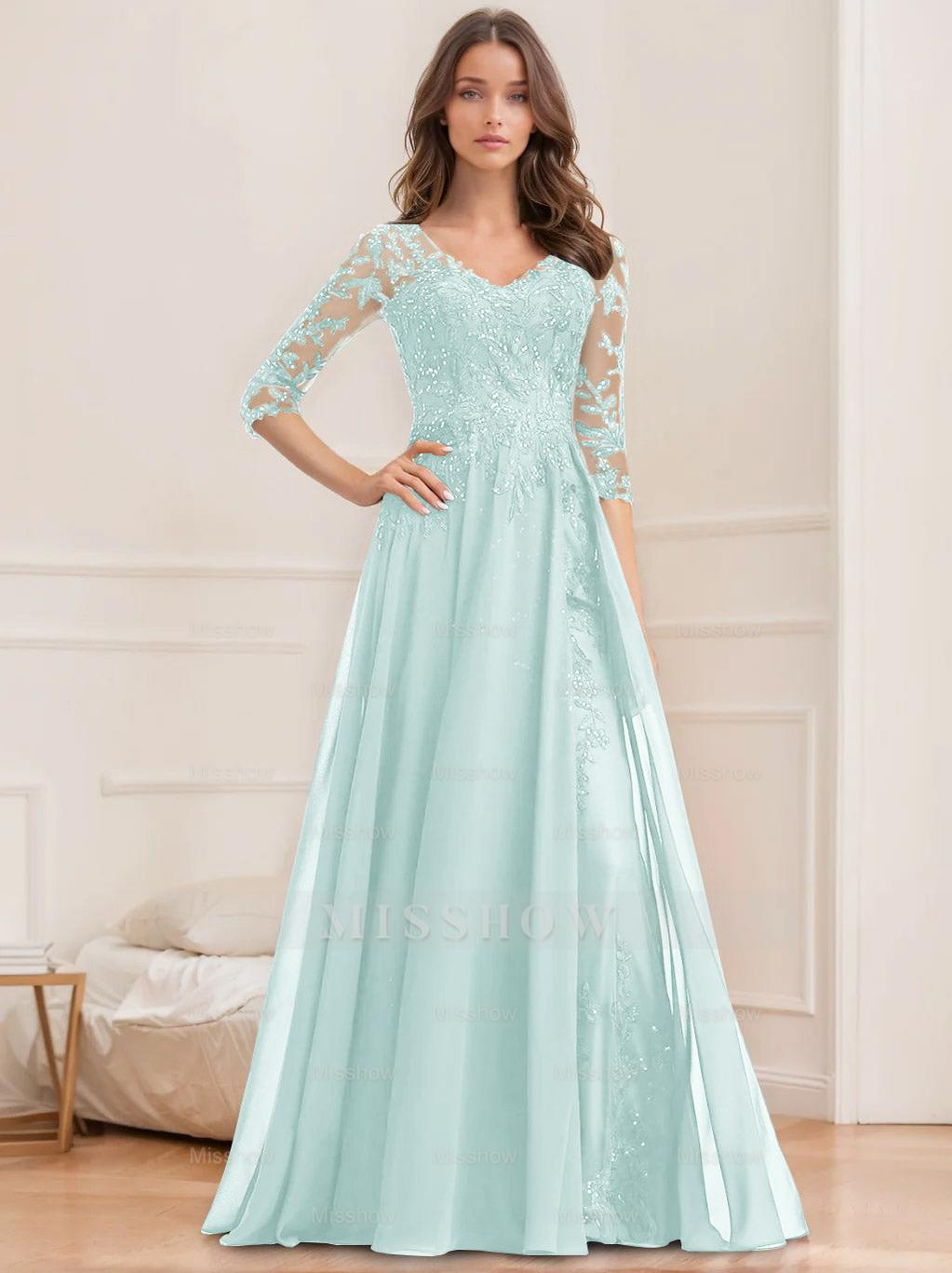 Floor-Length V-Neck A-Line Princess Mother of the Bride Dresses with Half Sleeves and Sequins