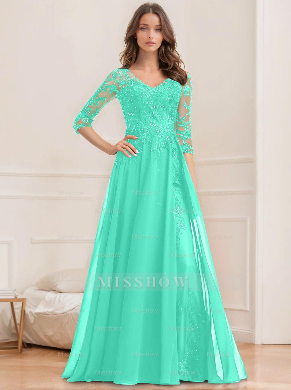 Floor-Length V-Neck A-Line Princess Mother of the Bride Dresses with Half Sleeves and Sequins
