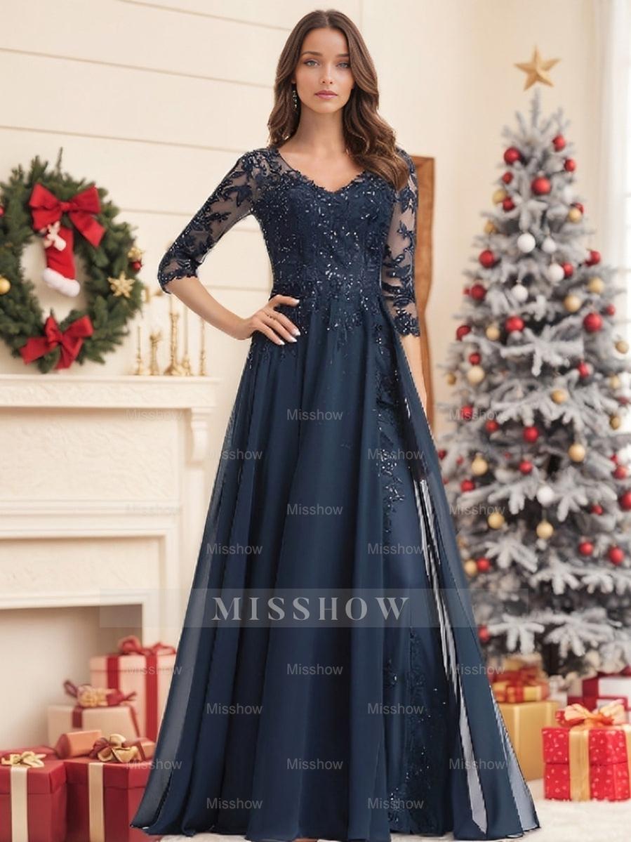 Floor-Length V-Neck A-Line Princess Mother of the Bride Dresses with Half Sleeves and Sequins
