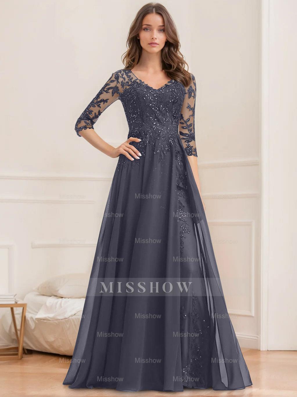 Floor-Length V-Neck A-Line Princess Mother of the Bride Dresses with Half Sleeves and Sequins