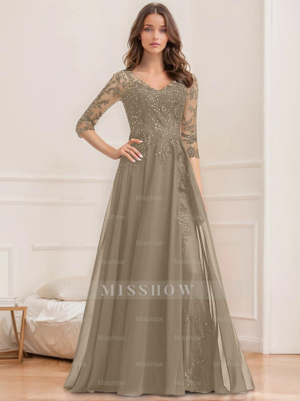 Floor-Length V-Neck A-Line Princess Mother of the Bride Dresses with Half Sleeves and Sequins