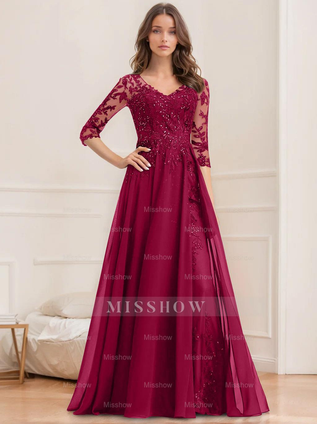Floor-Length V-Neck A-Line Princess Mother of the Bride Dresses with Half Sleeves and Sequins