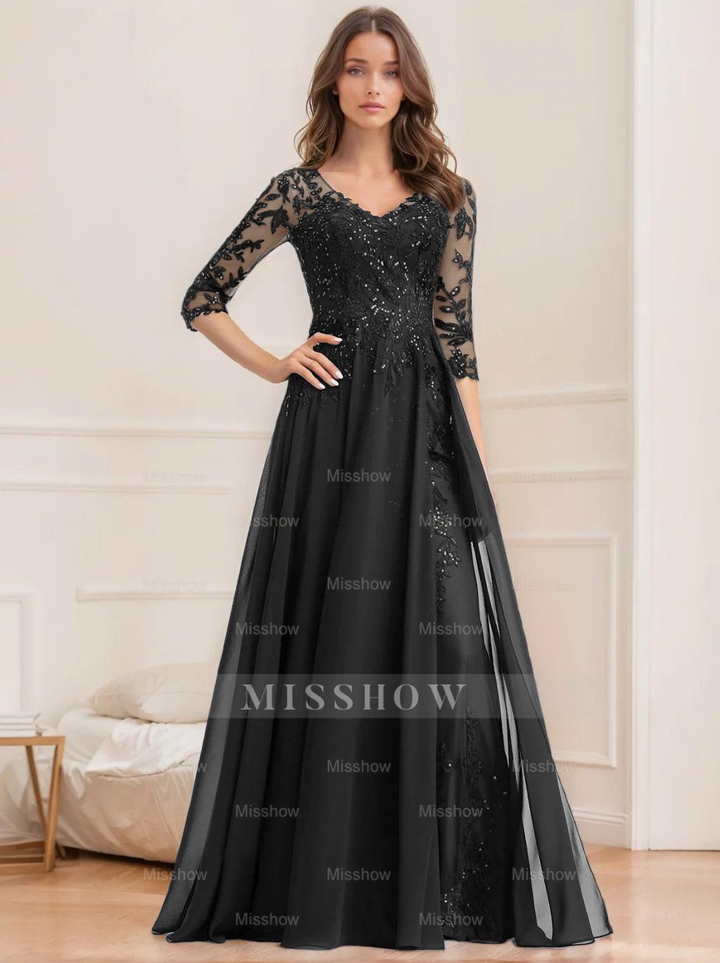 Floor-Length V-Neck A-Line Princess Mother of the Bride Dresses with Half Sleeves and Sequins