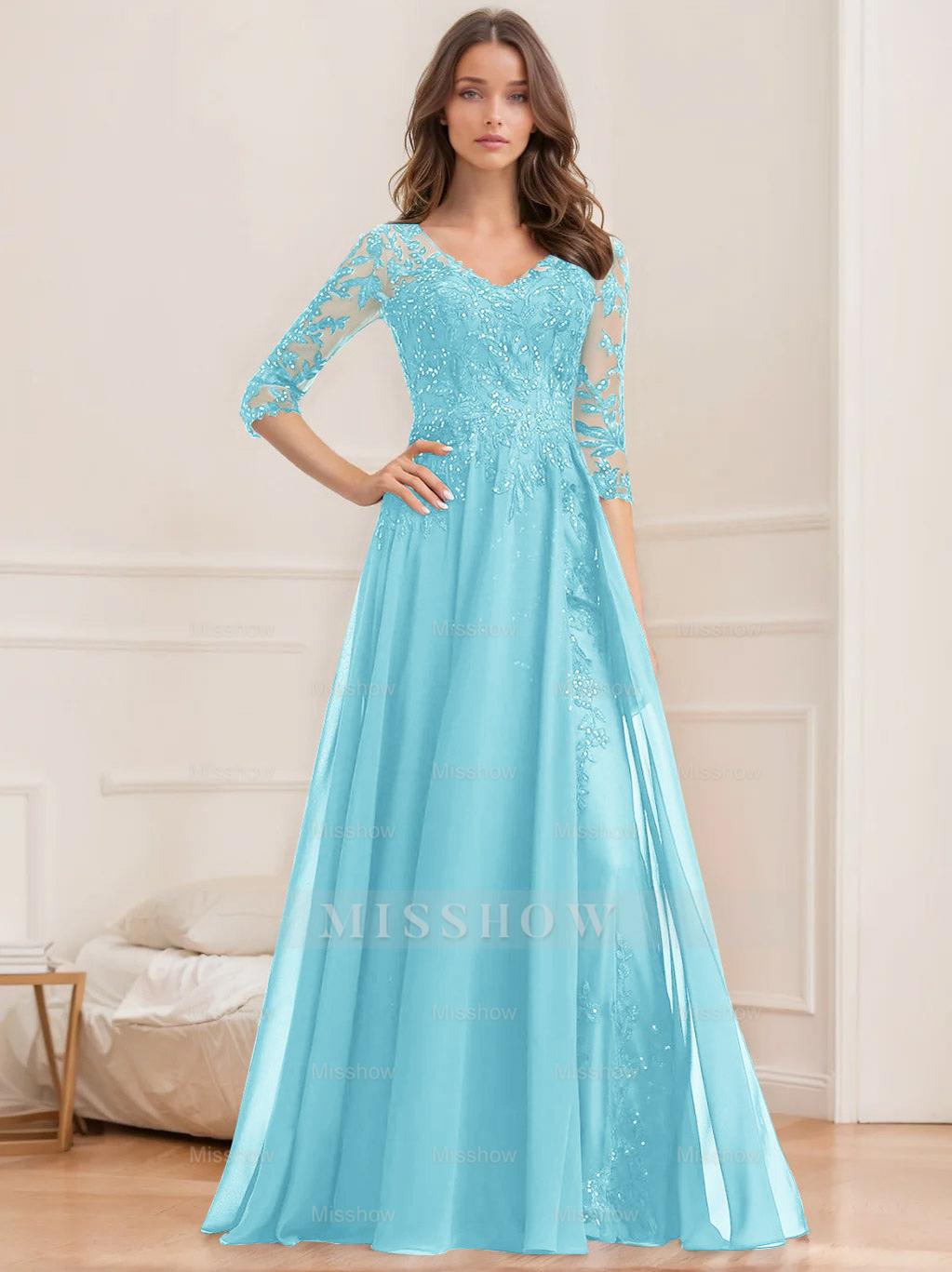 Floor-Length V-Neck A-Line Princess Mother of the Bride Dresses with Half Sleeves and Sequins