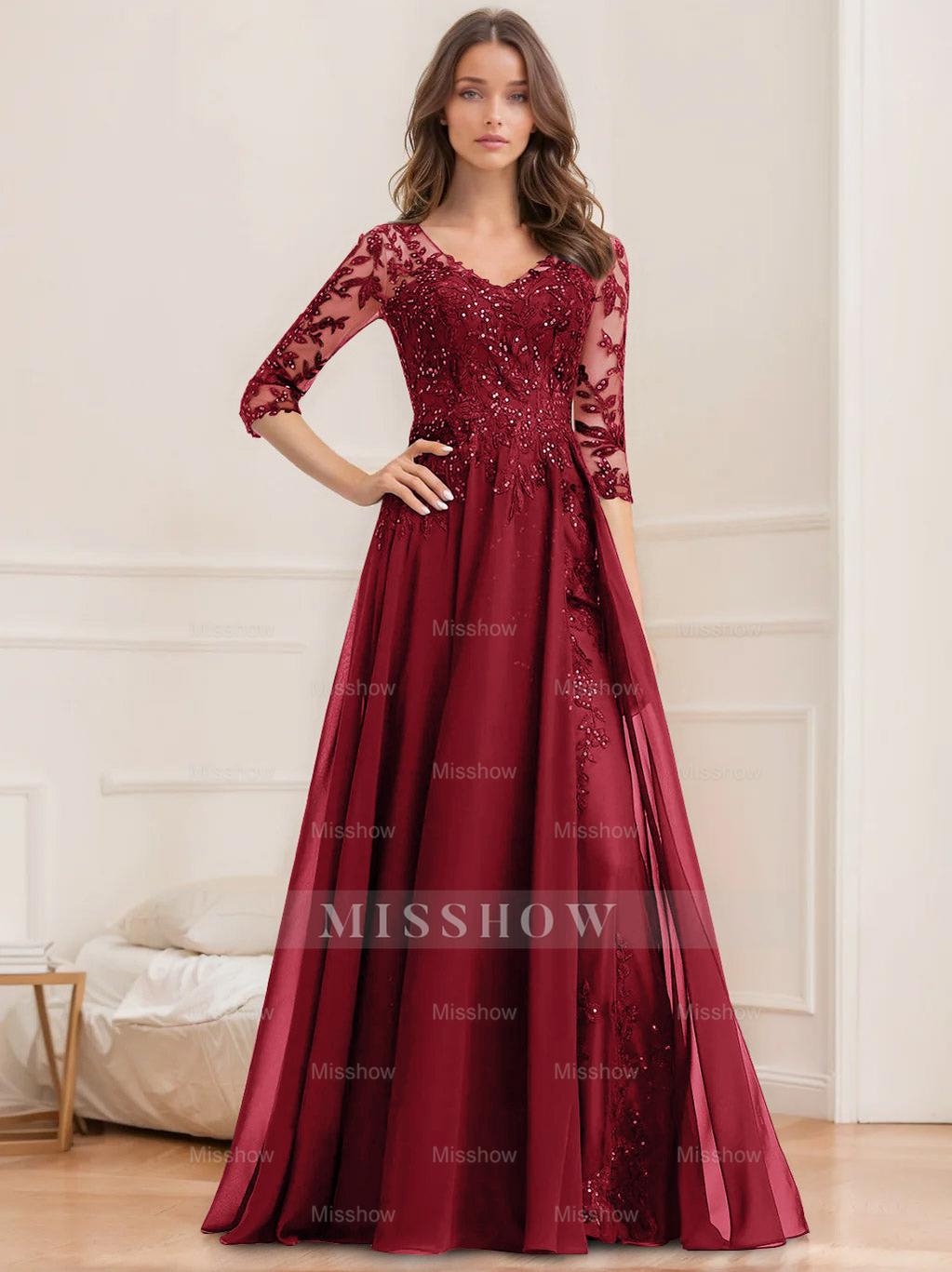 Floor-Length V-Neck A-Line Princess Mother of the Bride Dresses with Half Sleeves and Sequins