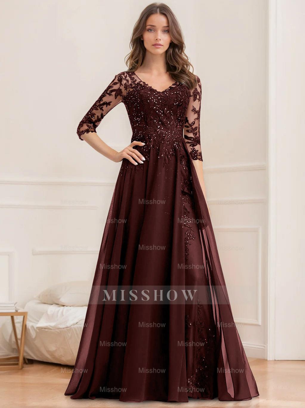 Floor-Length V-Neck A-Line Princess Mother of the Bride Dresses with Half Sleeves and Sequins