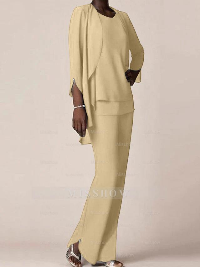 Floor-Length V-Neck Chiffon Pantsuit with Ruffles for the Mother of the Bride