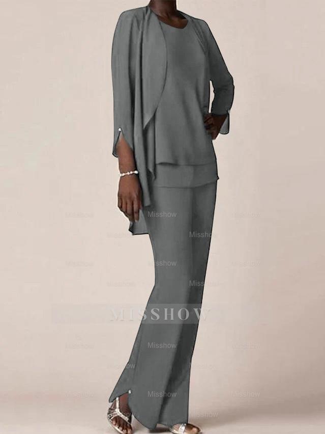Floor-Length V-Neck Chiffon Pantsuit with Ruffles for the Mother of the Bride
