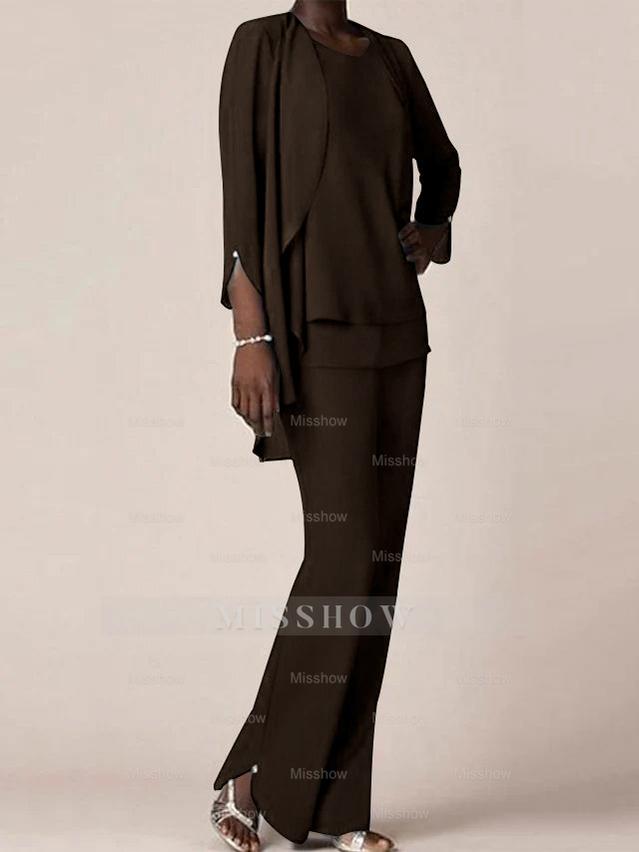 Floor-Length V-Neck Chiffon Pantsuit with Ruffles for the Mother of the Bride