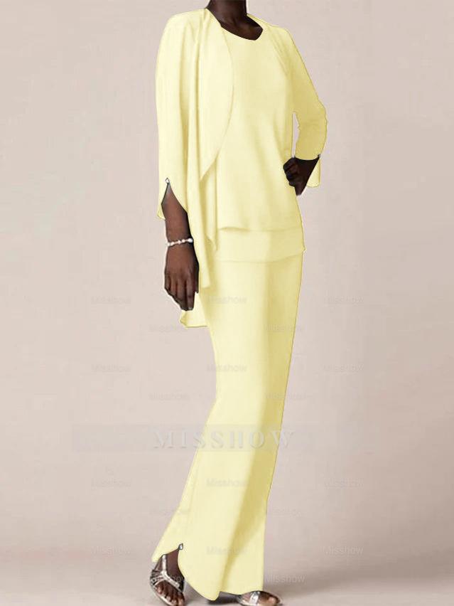 Floor-Length V-Neck Chiffon Pantsuit with Ruffles for the Mother of the Bride