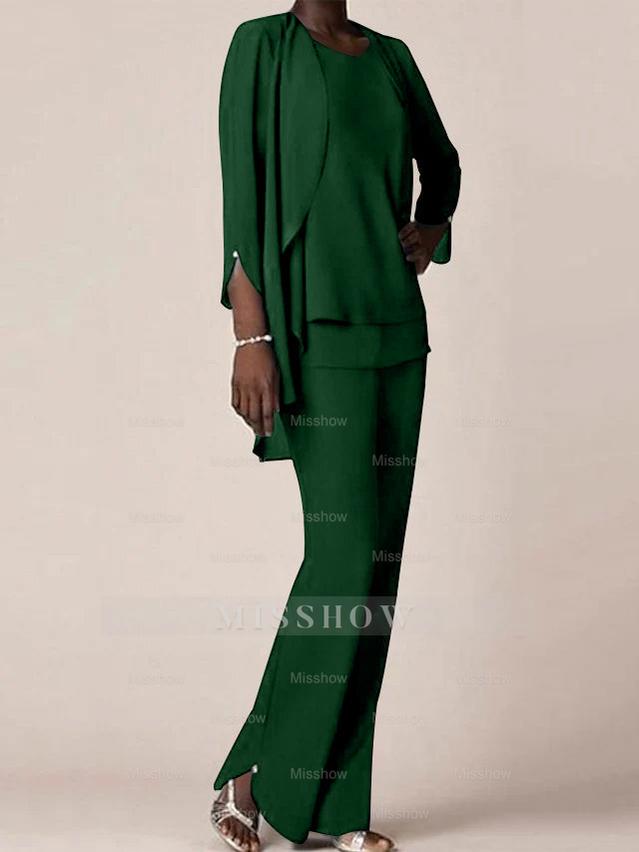 Floor-Length V-Neck Chiffon Pantsuit with Ruffles for the Mother of the Bride