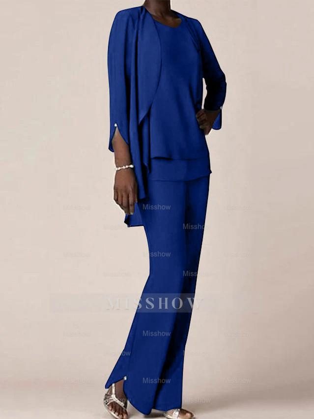 Floor-Length V-Neck Chiffon Pantsuit with Ruffles for the Mother of the Bride