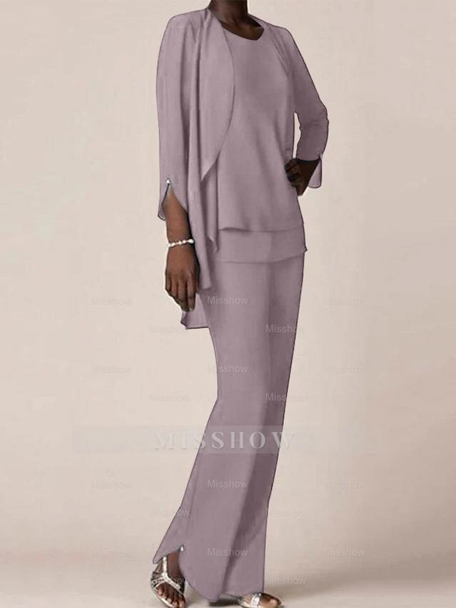 Floor-Length V-Neck Chiffon Pantsuit with Ruffles for the Mother of the Bride