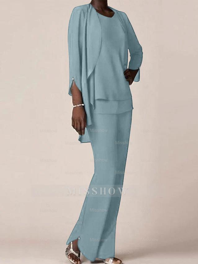 Floor-Length V-Neck Chiffon Pantsuit with Ruffles for the Mother of the Bride
