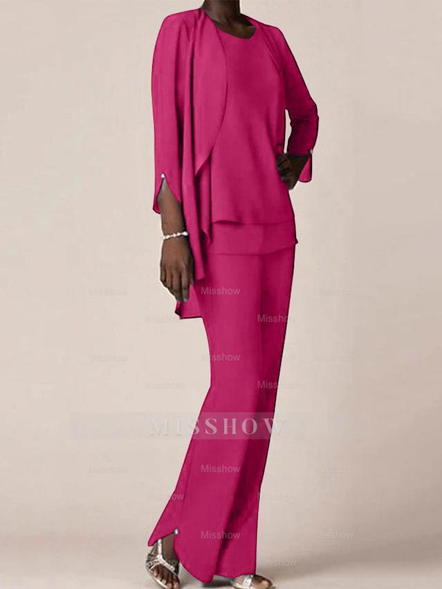 Floor-Length V-Neck Chiffon Pantsuit with Ruffles for the Mother of the Bride