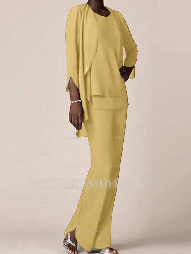 Floor-Length V-Neck Chiffon Pantsuit with Ruffles for the Mother of the Bride
