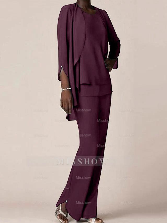 Floor-Length V-Neck Chiffon Pantsuit with Ruffles for the Mother of the Bride