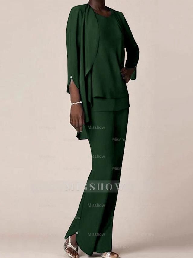 Floor-Length V-Neck Chiffon Pantsuit with Ruffles for the Mother of the Bride