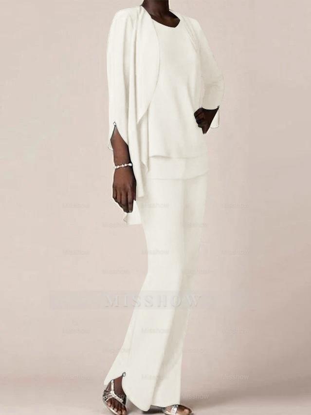 Floor-Length V-Neck Chiffon Pantsuit with Ruffles for the Mother of the Bride