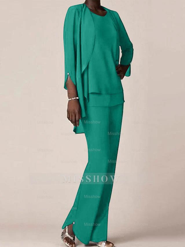 Floor-Length V-Neck Chiffon Pantsuit with Ruffles for the Mother of the Bride