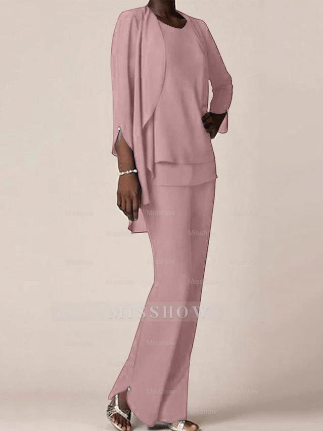Floor-Length V-Neck Chiffon Pantsuit with Ruffles for the Mother of the Bride