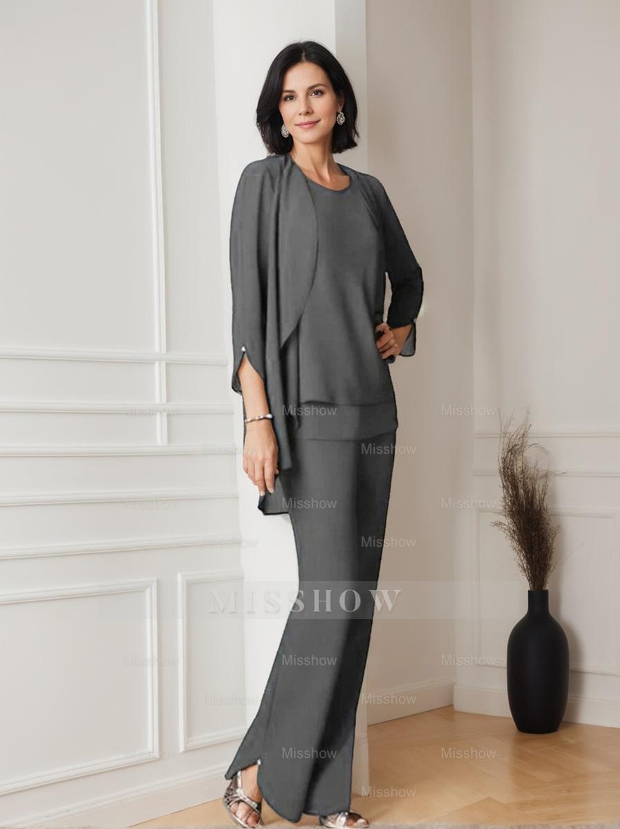 Floor-Length V-Neck Chiffon Pantsuit with Ruffles for the Mother of the Bride
