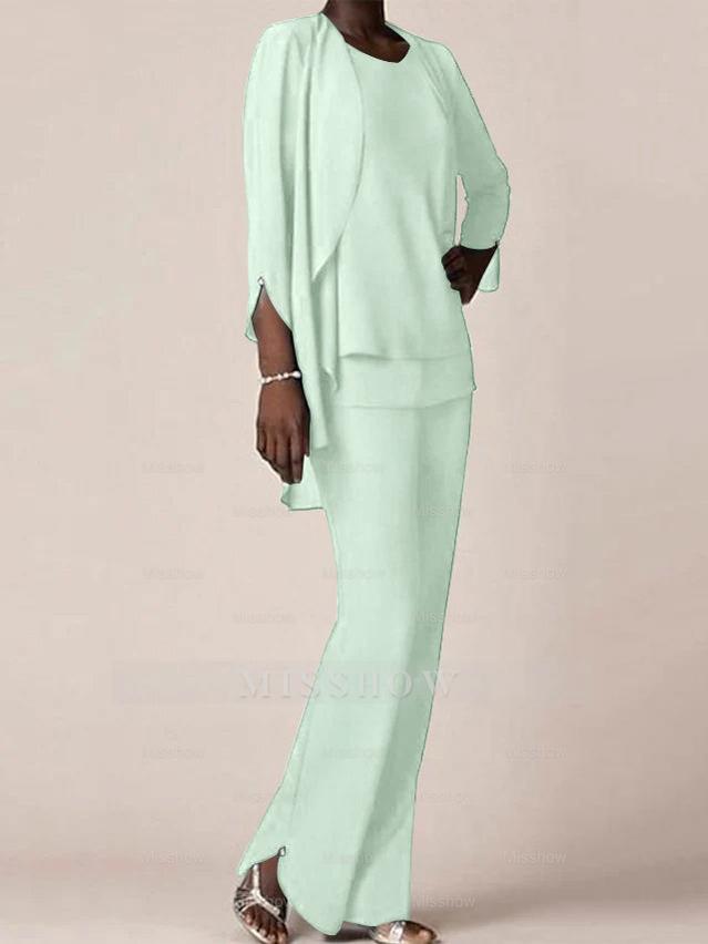 Floor-Length V-Neck Chiffon Pantsuit with Ruffles for the Mother of the Bride