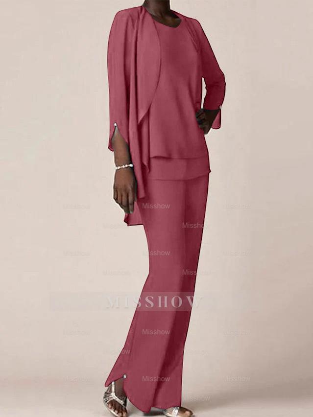 Floor-Length V-Neck Chiffon Pantsuit with Ruffles for the Mother of the Bride