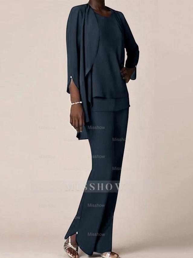 Floor-Length V-Neck Chiffon Pantsuit with Ruffles for the Mother of the Bride