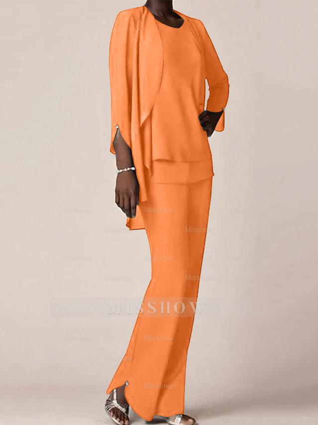 Floor-Length V-Neck Chiffon Pantsuit with Ruffles for the Mother of the Bride