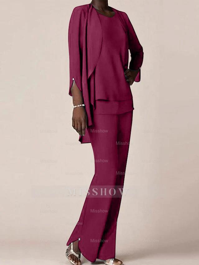 Floor-Length V-Neck Chiffon Pantsuit with Ruffles for the Mother of the Bride