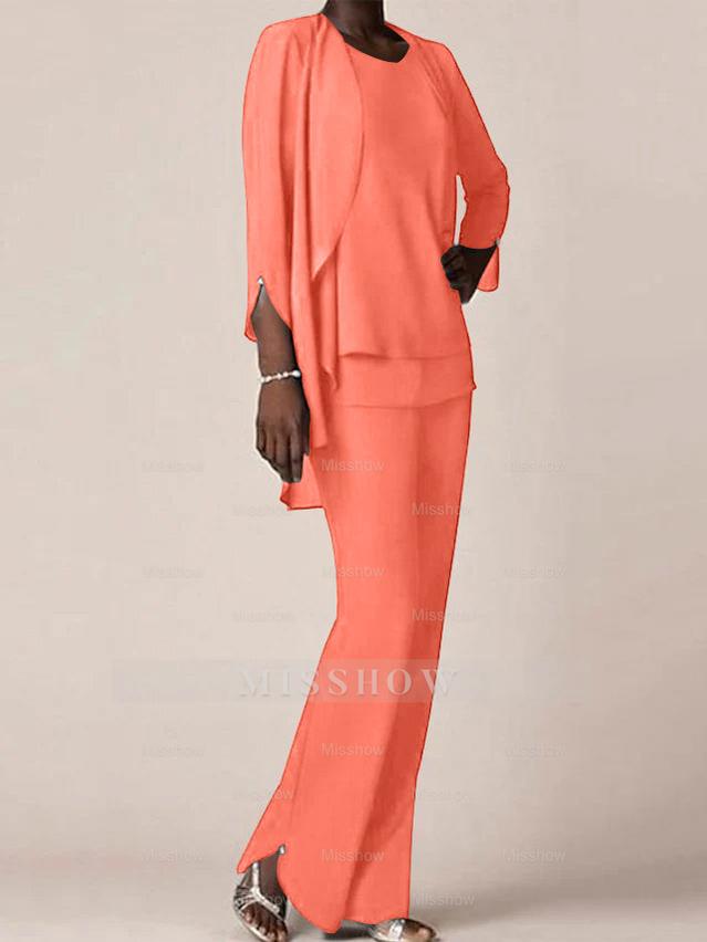 Floor-Length V-Neck Chiffon Pantsuit with Ruffles for the Mother of the Bride