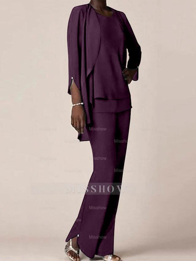 Floor-Length V-Neck Chiffon Pantsuit with Ruffles for the Mother of the Bride