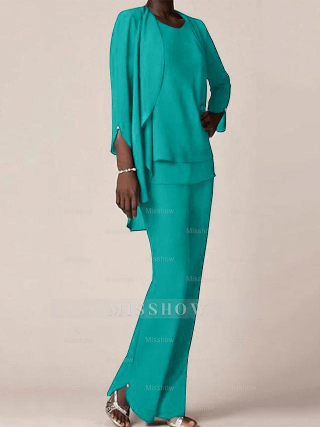 Floor-Length V-Neck Chiffon Pantsuit with Ruffles for the Mother of the Bride