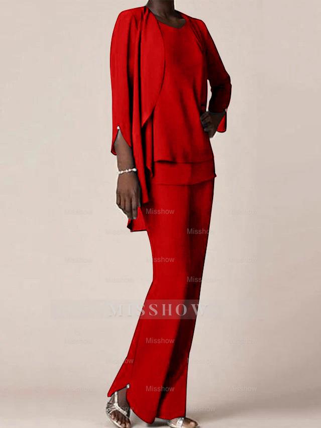 Floor-Length V-Neck Chiffon Pantsuit with Ruffles for the Mother of the Bride